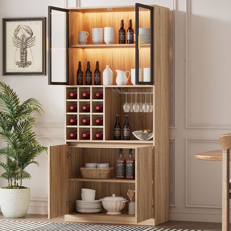 Vetrina in vetro con illuminazione a LED e vani a giorno, contenitore, legno, 80 x 40 x 180 cm, Naturale (1/5)