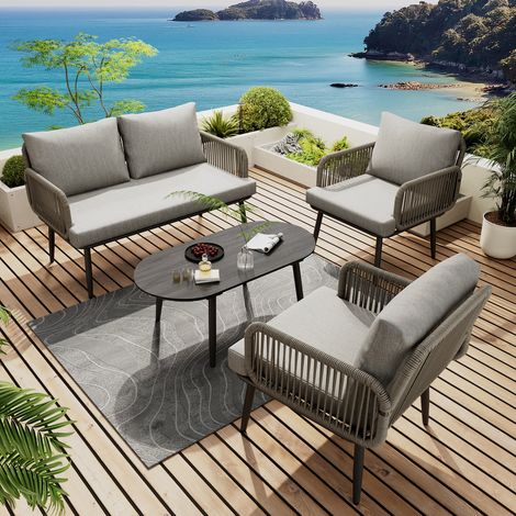 Ensemble fauteuil salon de jardin : canapé 2 places,2 fauteuils et table basse en corde tissée. Plateau verre style bois cadre acier galvanisé,gris.