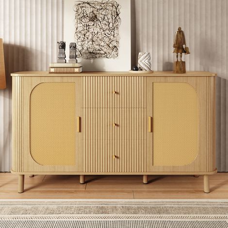 Buffet 140x40x80 cm naturel en MDF avec portes en rotin, 3 tiroirs ondulés et passe-câbles (1/5)