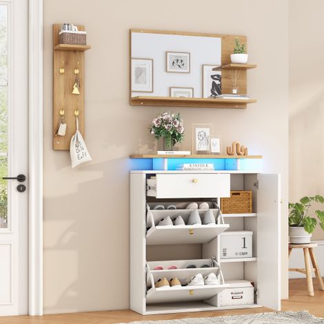 Ensemble vestiaire d'entrée avec LED - 3 portes et 1 tiroir - avec miroir et meuble à chaussures - Blanc + Naturel
