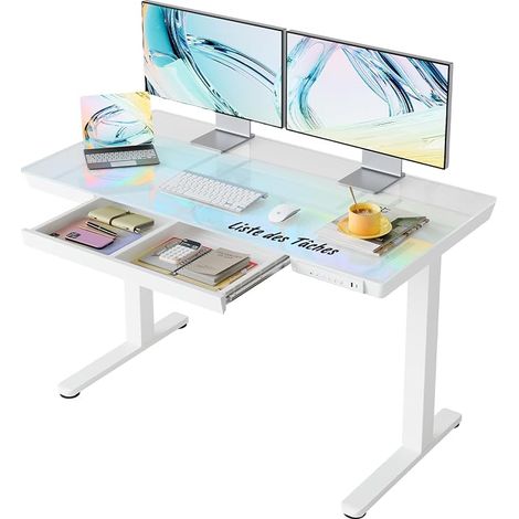 120 x 60 cm Height Adjustable Glass Sitting Desk with Drawer, USB Charging Port & Smart Panel with 3 Memories, White Glass (1/5)