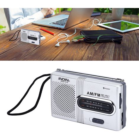 Mini radio portátil AM/FM, funciona con pilas AA, está fabricada en ABS y mide 9,6 x 5,8 x 2,3 cm. Perfecta para acampar o como regalo. (1/5)