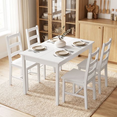 Ensemble de salle à manger 5 pièces pour 4 personnes, table rectangulaire et chaises en bois massif, idéal pour les petits espaces, blanc. (1/4)