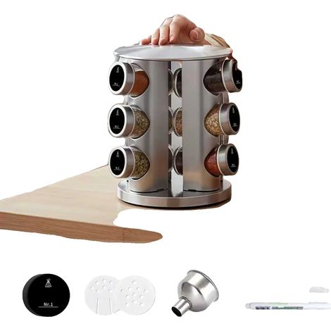 Especiero giratorio de 360°, con compartimentos herméticos para botellas de vidrio y diseño redondo de 12 piezas. (1/2)