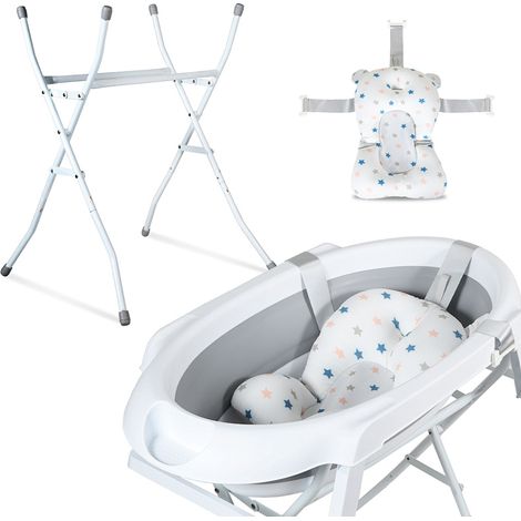 TolleTour Vaschetta per bambini pieghevole con supporto, capacità fino a 10 kg, con cuscino da bagno (Grigio)