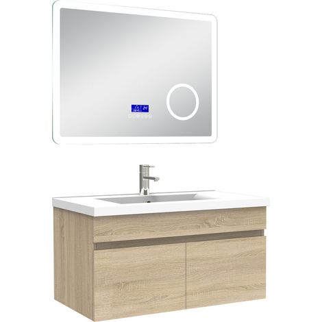 Acezanble – Ensemble meuble salle de bain 80 cm – Lavabo céramique simple – Miroir Bluetooth avec lumière LED dimmable – Chêne Wotan à suspendre (1/5)