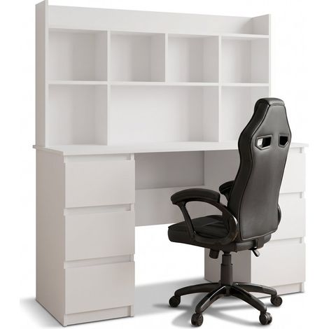 Set: scrivania con ripiano sopraelevato e sedia gaming con meccanismo TILT e schiuma MESH, Bianco opaco / Nero, 130 x 51 x 146 cm (1/5)