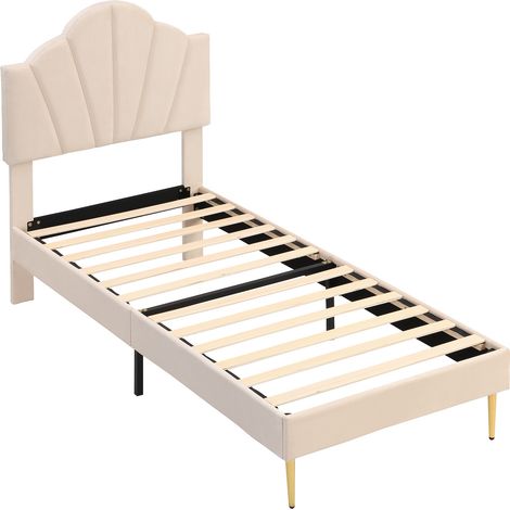 Cama tapizada de terciopelo beige 90 x 200 cm con cabecero ajustable y patas doradas (1/5)