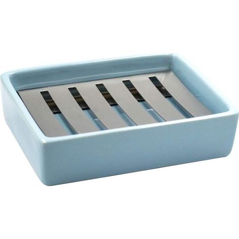 SUS304 Edelstahl Keramik Bad Seifenschale, Doppelschicht, selbstentleerende Seifenschale, Nein zu flauschiger Seife, leicht zu reinigen (blau) (1/5)