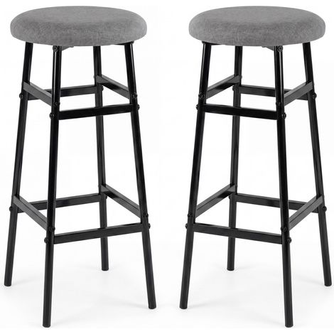 Lot de 2 tabourets de bar gris en lin avec repose-pieds et structure métallique robuste pour cuisine et coin repas (1/4)