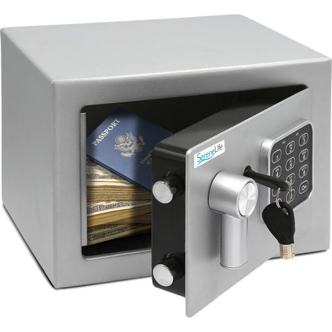 Coffre-Fort Numérique en Acier – 23x17x17 cm, Sécurité Électronique + Clé, Rangement pour Argent, Armes, Bijoux, Passeports – Pour Maison, Hôtels, Placards, Bureau – Gris (1/5)