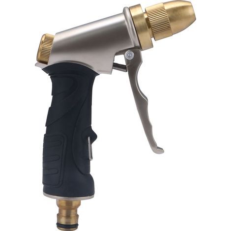 Pistolet d'arrosage en métal avec embout en laiton, poignée ergonomique antidérapante, jet réglable et raccord rapide (1/5)