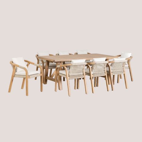 Set tavolo rettangolare 200x100 cm e 8 sedie da pranzo in legno di acacia Dubai SKLUM