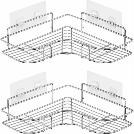 Lot de 2 étagères d'angle de douche en acier inoxydable 304, étagère murale de salle de bain avec adhésif, organiseur de rangement pour toilettes, dortoirs et cuisine [argenté] (1/5)