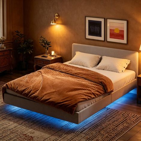 Letto 140x190 cm con illuminazione LED, struttura in lino beige HAVRYA (1/4)