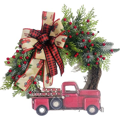 Guirlande De Noël - Couronne De Porte Avec Camion Rouge - Décor Intérieur Et Extérieur - 35 X 29 X 5 Cm - 1 Pièce (1/5)