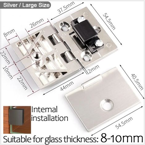 (Grand format intérieur argenté) Kit de charnière pivotante à 90° pour porte de douche en verre (1 pièce), avec vis de fixation pour vitrine, compatible avec verre de 5 à 10 mm. (1/5)