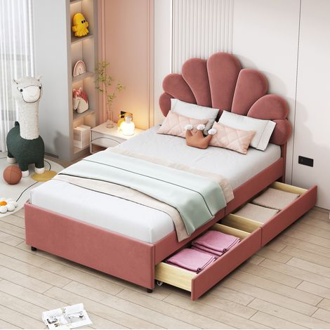 lit enfant couchage rangement 90x200 velours rose OKMYHOME (1/5)