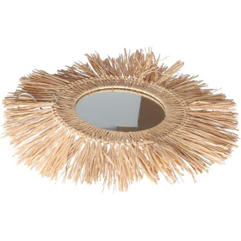 Miroir Mural Rotin Paille Rond Effet Macramé Frangé, Conçu pour Studios, Salles De Bain Et Décoration Murale (1/5)
