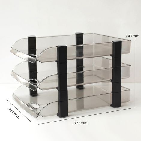 Dreistöckiger Aktenschrank mit transparenten Fächern zur Organisation und Kategorisierung von Dokumenten. Mehrschichtige Acryl-Schreibtischbox, dunkelschwarz – drei Ebenen. (1/5)