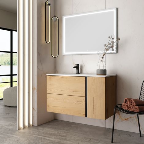 Meuble de salle de bain vasque déportée - 2 tiroirs - PRADO et miroir Led VELDI - 80cm (1/4)