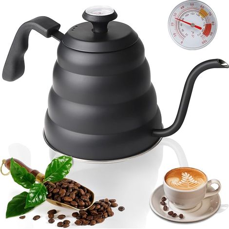 Bouilloire Noire Col de Cygne Inox Gaz, Theiere 1.2 L avce Thermomètre, Gooseneck Kettle pour Gaz, Induction avce Poignée Résistante à la Chaleur (1/5)