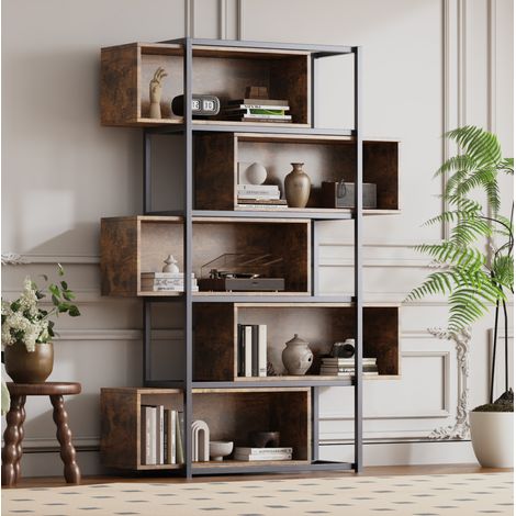 Bibliothèque 5 niveaux 121x35x176 cm MDF brun décor bois cadre en acier noir rangement - CHICFURN (1/5)