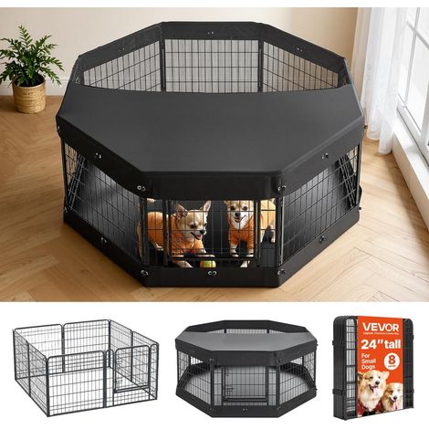 Parc pour Chien Pliable Enclos Clôture Chiot 8 Panneaux Métal 61x61 cm avec Toit et Tapis de Sol Étanche Noir (1/5)
