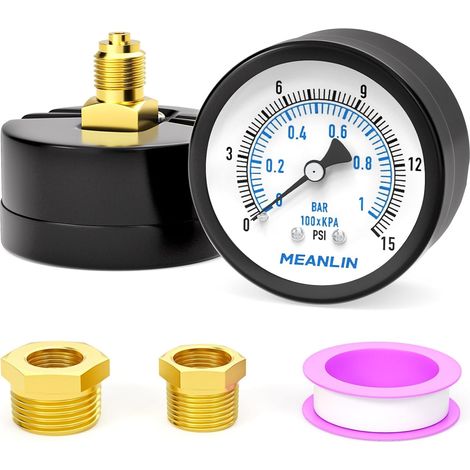 01BAR/15PSI Manomètre pour pompe de puits, avec manchon hexagonal 1/4"x 1/2"BSP et 1/4"x 3/8"BSP, centre de test de pression pour filtre à sable de piscine, montage à l'arrière (1/5)