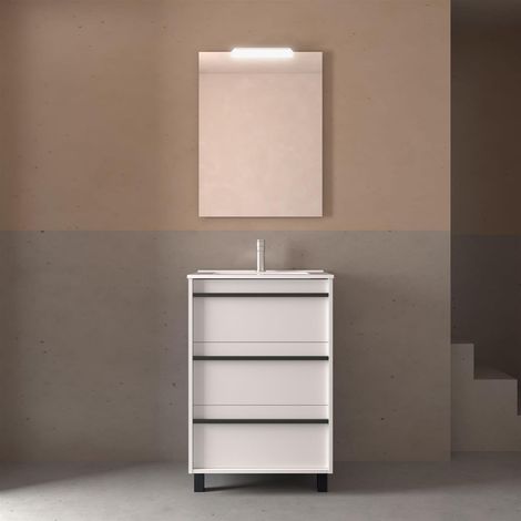 Meubles de salle de bains ATTILA 600 3 tiroirs BLANC SATIN + plan vasque + miroir (1/2)