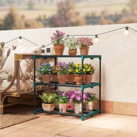 Support à plantes à 3 niveaux, 72 cm de hauteur, pour l'intérieur et l'extérieur, étagère en acier, vert foncé
