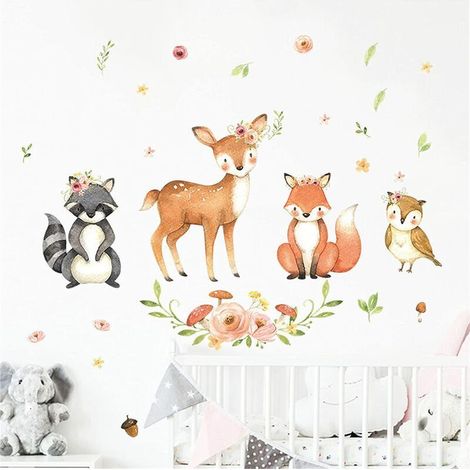Sticker Mural - Animaux Des Bois - Raton Laveur Cerf Renard Hibou - Décoration Chambre Enfant - 12 Pièces (1/5)