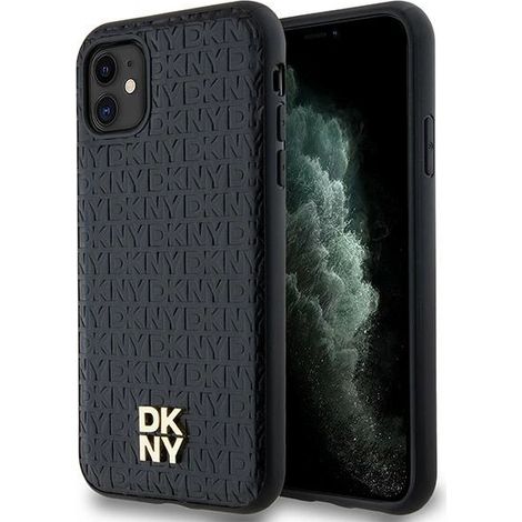 DKNY DKHMN61PSHRPSK iPhone 11 / XR 6.1 schwarze Hartschalen-Schutzhülle aus Leder mit Monogramm-Muster, Metalllogo und MagSafe-Funktion (1/5)