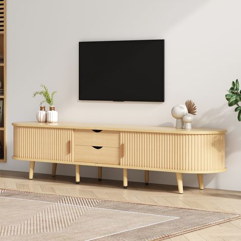 Meuble TV ovale chêne clair 175x40x42 cm avec 2 portes coulissantes, 2 tiroirs de rangement, étagères pratiques et passage câbles, finition bois