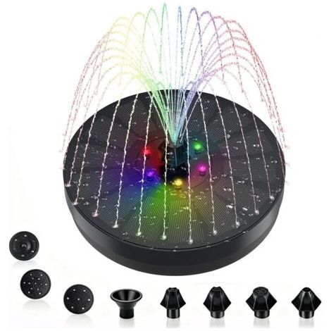 Fontaine solaire Longzhiming avec pompe pour bain d'oiseaux - 3 watts - 7 buses - Fontaine à énergie solaire - Batterie 900 mAh et éclairage LED - Idéale pour les bassins - Diamètre : 16 cm - Noire (1/5)