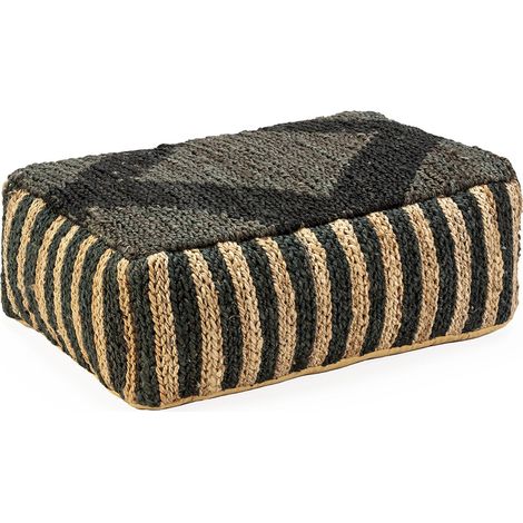 Pouf rectangulaire tissé noir naturel style ethnique élégant - Noir tissé et beige naturel (1/3)