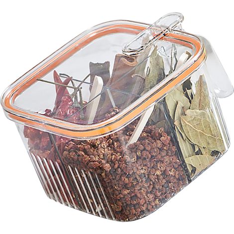 4-teilige, transparente Gewürzbox mit Deckel und Löffel, Küchengewürzbehälter, Aufbewahrungsbehälter für Würzmittel, durchsichtig und orange (1/5)