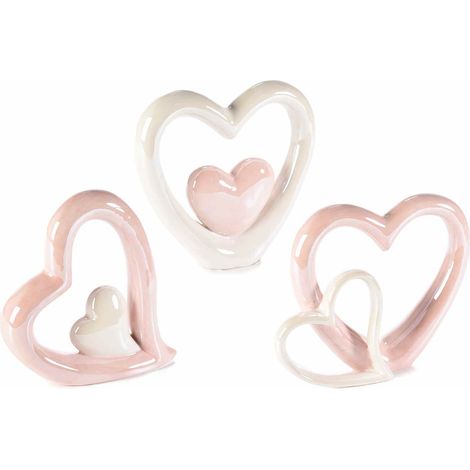Cuori decorativi in ceramica lucida bianca e rosa da appoggiare, set da 3 pezzi, cm 12,5 x 3 x 12 H