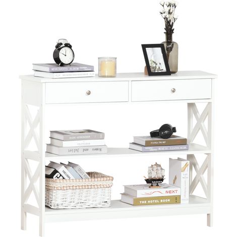 Table de console table d'entrée style table de drapier néo-rétro 2 tiroirs 2 étagères dim. 100L x 30.5l x 80H cm en bois Blanc