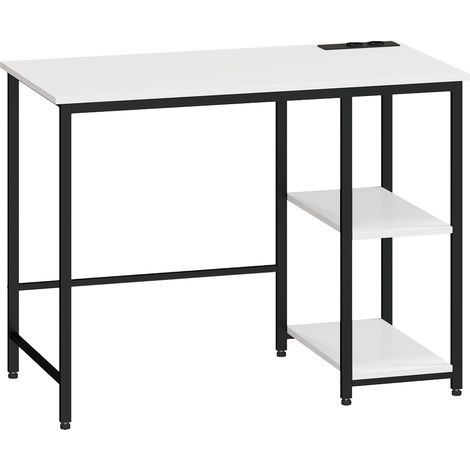 Bureau 2 niveaux avec étagères, prises USB intégrées, table en bois et métal, 100x50x75 cm, blanc/noir, espace de travail moderne (1/5)