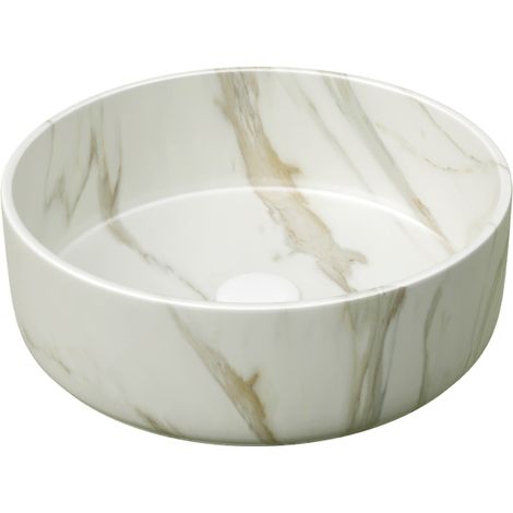 Pour plan de toilette ou meuble, vasque ronde en céramique 36 cm, blanc mat avec motif pierre (1/5)