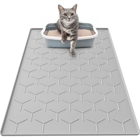 Tapis Litiere Chat, 86x56cm Tapis de litière pour Chat en Silicone, Imperméable Facile à Nettoyer, Gris (1/5)