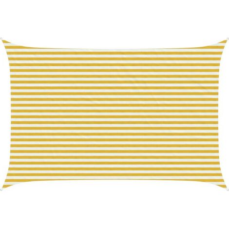Voile d'ombrage à rayures jaunes et blanches, 3 mètres x 5 mètres, en polyéthylène haute densité. (1/5)