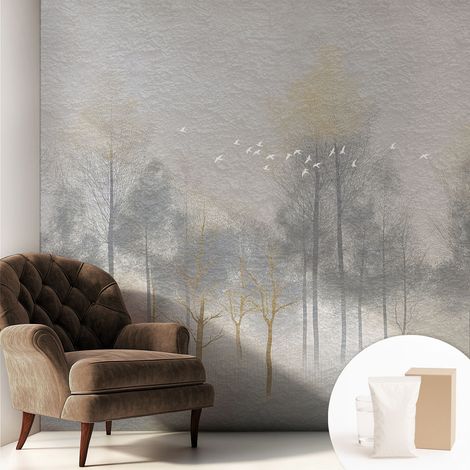 Papier peint intissé avec imprimé pour décoration intérieure pour rénovation a motif - Colle incluse gratuite Harmonie forestière 250x250 cm (1/5)