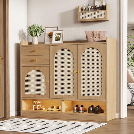 Meuble à chaussures avec portes en rotin et LED, buffet bas commode avec 2 tiroirs et niche ouverte, style bohème pour entrée, Naturel (1/5)