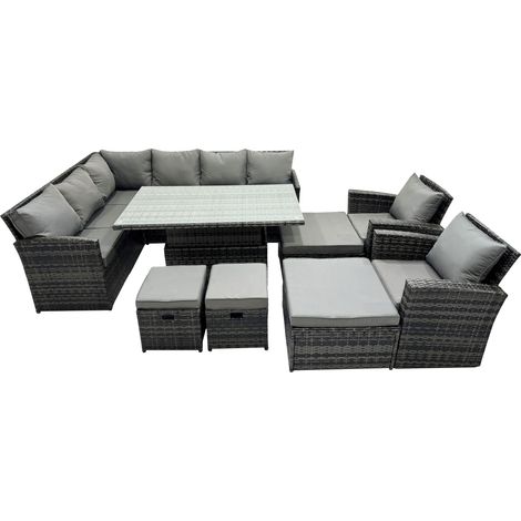 Fimous 12 Seat Poly Rattan Outdoor Patio Height Adjustable Rising Lifting Table Corner Sofa Set with 4 Stool 2 Chairs for Garden Backyard Dark Grey Mixed (1/5)