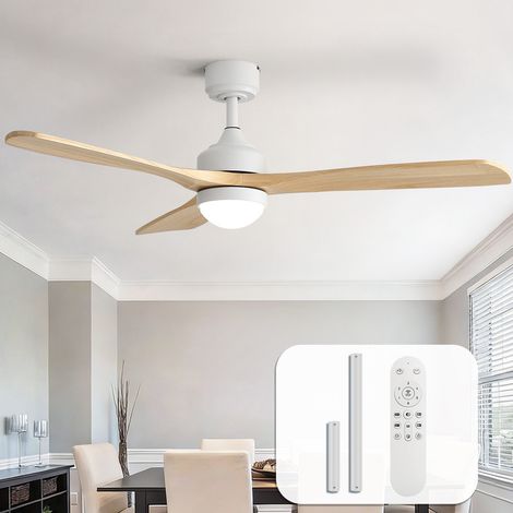 Ventilador de techo de madera Sofucor de 132 cm con luz y mando a distancia – Modelo moderno, discreto, silencioso y de montaje a ras – Instalación a ras o con tija – Blanco y amarillo (1/5)