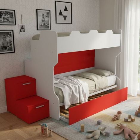 Letto a castello salvaspazio con scala a cassettoni e camminatoio - Bianco e Rosso