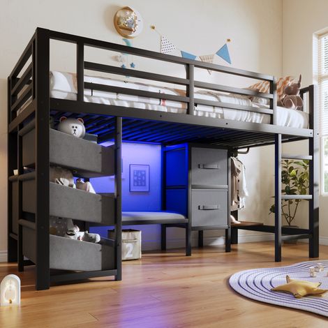 REDOM Cama alta 90x200 cm con Incluye cajones de almacenamiento, bolsas de almacenamiento de tela y luces LED negro (sin colchón) (1/5)