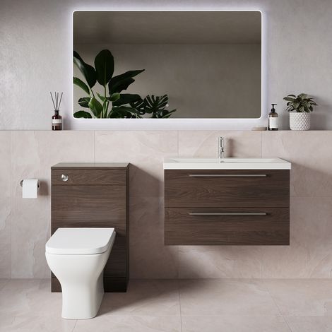 Napoli 390 Brown Oak 1300mm Wall Mounted 2 Drawer Vanity Unit and Toilet Suite with Glide Basin - 1300mm - Chrome 480mm HandleWith Kingston Toilet Pan and Seat